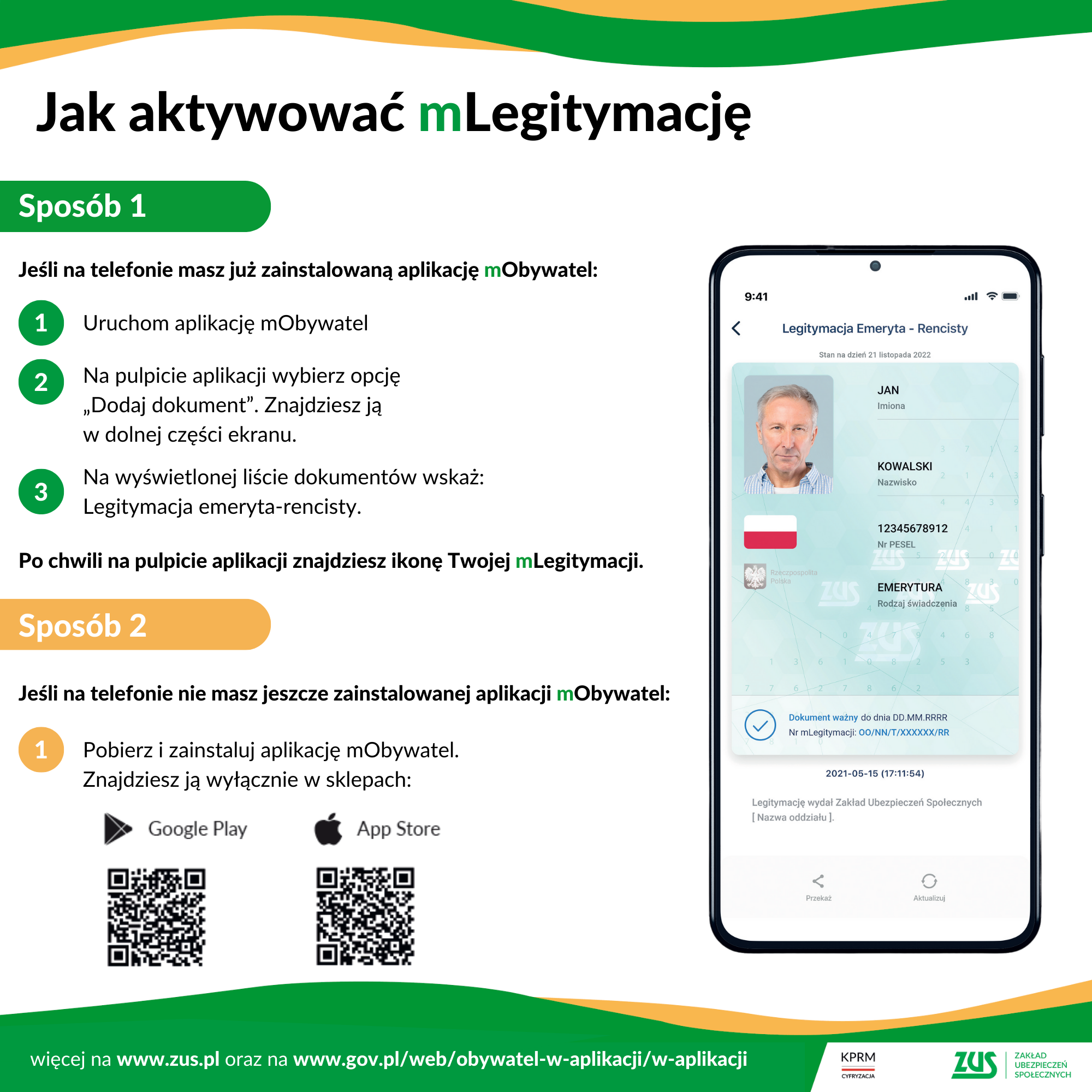 Infografika ZUS Jak pobrać mLegitymację emeryta i rencisty